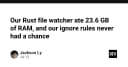 Khi Rust nuốt chửng 23.6 GB RAM: Bài học đắt giá về cơ chế File Watcher và Ignore Rules